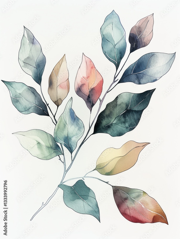 Detailed botanical watercolor of leaves with fine ink lines in muted green, blue, and orange, isolated on white paper