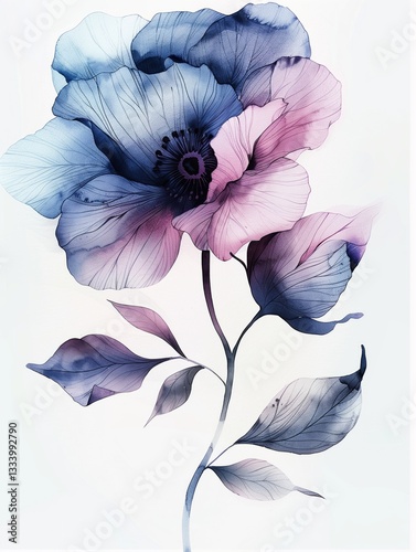 Obraz na płótnie Delicate watercolor flower drawn with fine ink lines and colored with deep blue and purple shades, isolated on a white paper background w salonie