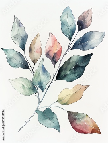 Obraz na płótnie Detailed botanical watercolor of leaves with fine ink lines in muted green, blue, and orange, isolated on white paper w salonie