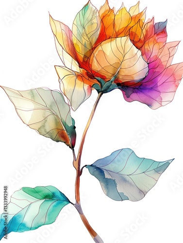 Hand-drawn flower with fine ink lines and watercolor interior, botanical silhouette with elegant detail