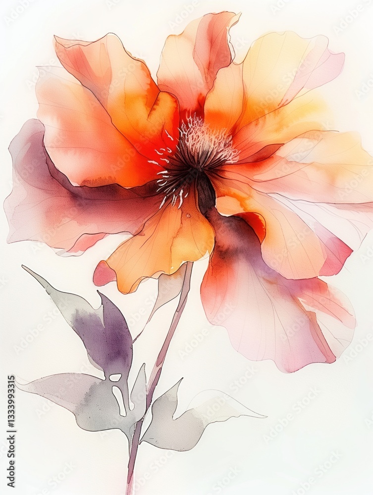Watercolor poppy with ethereal transparency, delicate floral painting on white paper