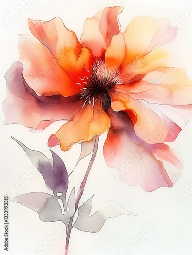Watercolor poppy with ethereal transparency, delicate floral painting on white paper