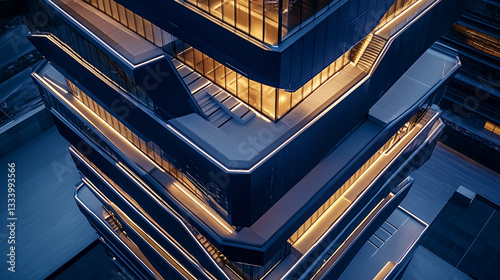 This futuristic corporate tower features floating geometric segments, each level equipped with brightly lit terraces that wrap around navy blue facades
