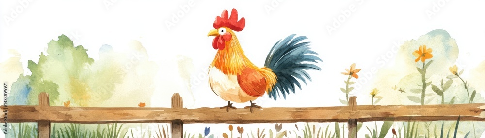 Fototapeta premium A colorful watercolor illustration of a rooster perched on a wooden fence, surrounded by soft green foliage and flowers, evoking a serene rural vibe.