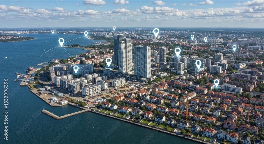 Obraz premium Aerial cityscape with digital pins and waterfront.