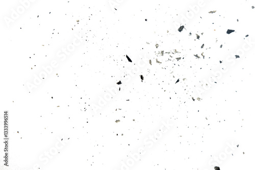 burnt paper particles scattered isolated on white background