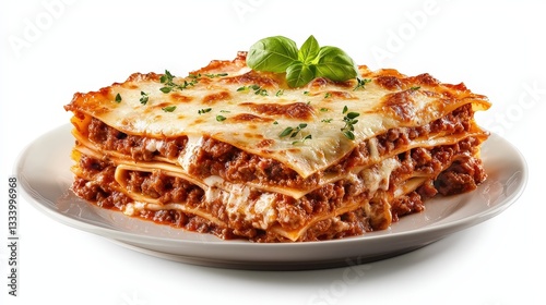 A large surreal plate of lasagna displayed in a fantasy environment bursting with color and creative elements