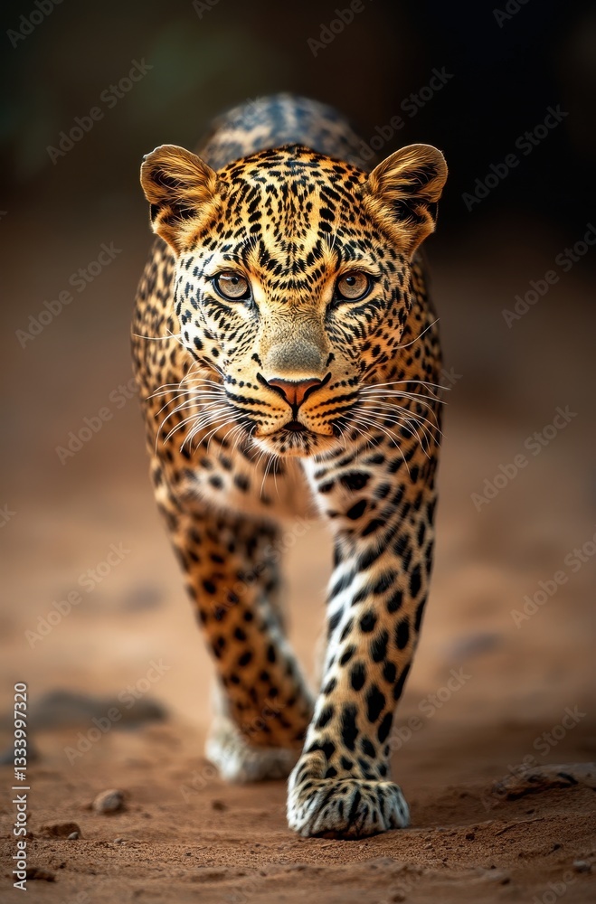 Obraz premium Majestic leopard walking gracefully in a natural habitat, highlighting intricate fur patterns and sharp gaze, showcasing the beauty of wildlife in stunning detail