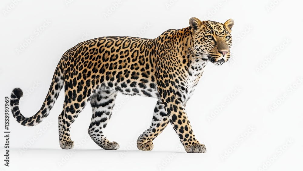 Majestic leopard walking gracefully on a seamless white background, showcasing its stunning coat and powerful physique in a natural pose Majestic leopard walking gracefully on a seamless white background, showcasing its stunning coat and powerful physique in a natural pose