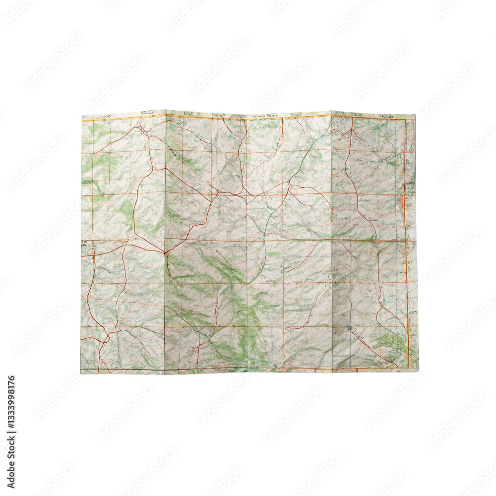 Obraz premium Folded map with detailed geographic features and road markings.