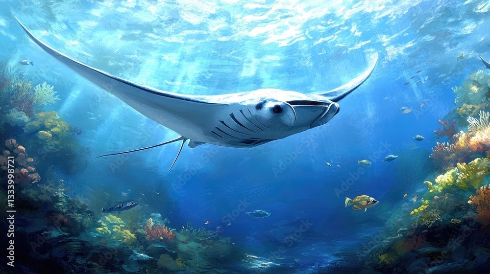 Naklejka premium Majestic Manta Ray Gracefully Gliding Through Vibrant Coral Reef