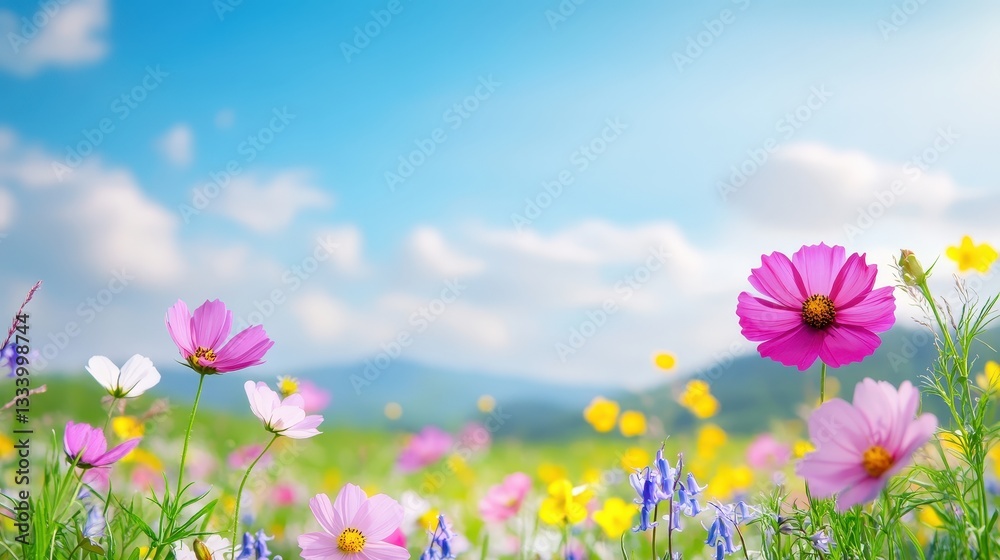 Fototapeta premium A vibrant field of colorful flowers against a bright blue sky, creating a serene and cheerful spring atmosphere.