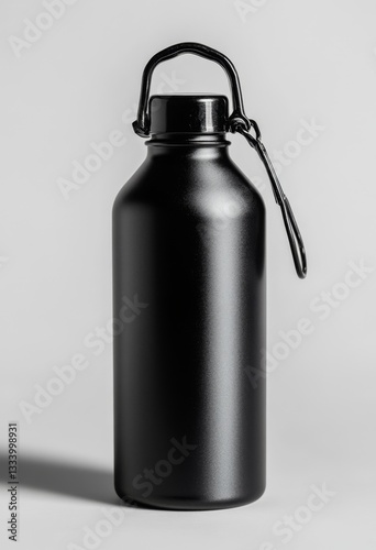 Black metal water bottle on plain background