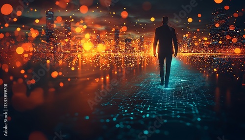 Wallpaper Mural A businessman walks towards a futuristic city skyline at night Torontodigital.ca