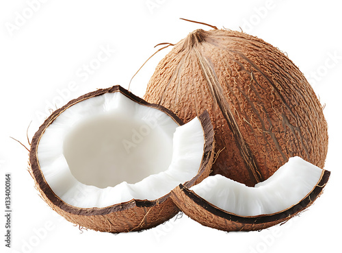 Coconut on a transparent background showing fresh tropical fruit and hard brown shell