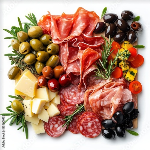 Italian snacks plate with meets, cheeses, olives on white background