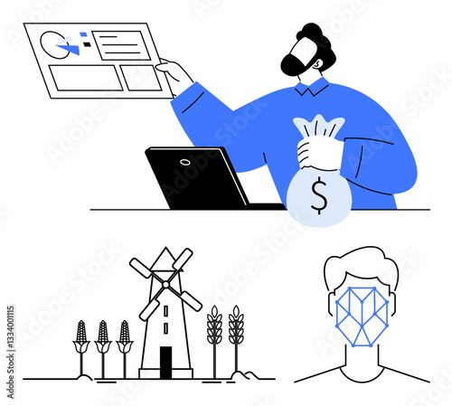 Man holding money bag near laptop analyzing data, windmill near wheat field, face with network grid. Ideal for finance, technology, agriculture, sustainability, innovation, analytics simplicity