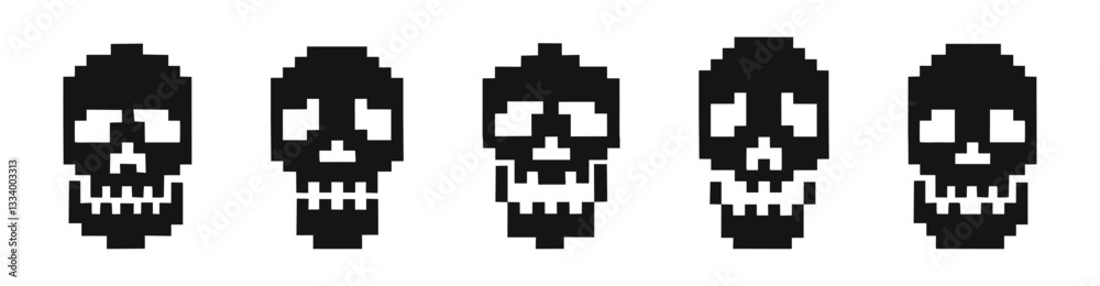 Pixelated Skull Icons in Retro Style Vector Icon Set Pixelated Skull Icons in Retro Style Vector Icon Set