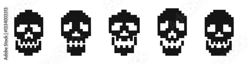 Pixelated Skull Icons in Retro Style Vector Icon Set