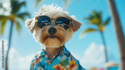 Wallpaper Mural Stylish dog in sunglasses and Hawaiian shirt on tropical beach Torontodigital.ca