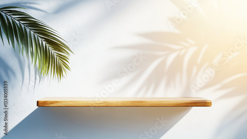 wooden shelf against white wall, illuminated by soft sunlight, with palm leaves casting shadows. This serene setting creates calming atmosphere