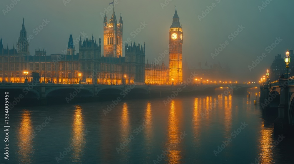 Fototapeta premium Mystical panorama of London: Big Ben and the Houses of Parliament shrouded in fog
