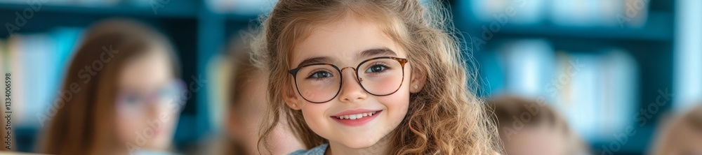 Smiling young girl with glasses in a classroom setting. Generative AI Smiling young girl with glasses in a classroom setting. Generative AI
