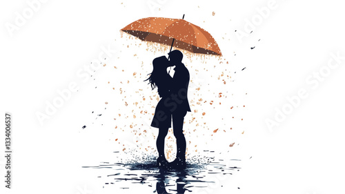 The image is a stylized illustration depicting a silhouette of a couple embracing and kissing under an orange umbrella in the rain. The style is reminiscent of watercolor painting, with soft,