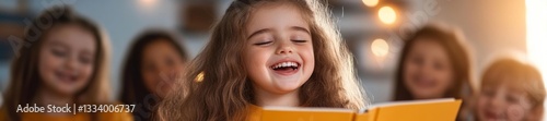 A young girl with developmental disability reading aloud to an engaged group of peers. Generative AI photo