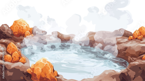 Digital illustration depicting a small, circular hot spring pool surrounded by brown rocks.  The water appears light blue and is visibly steaming.  Orange, rock-like formations are clustered around