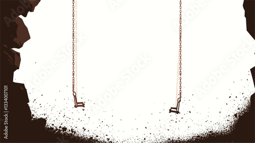 The image shows a close-up view of an empty swing set. The swings themselves are simple, appearing to be made of metal or rope. They hang vertically against a stark white background which is