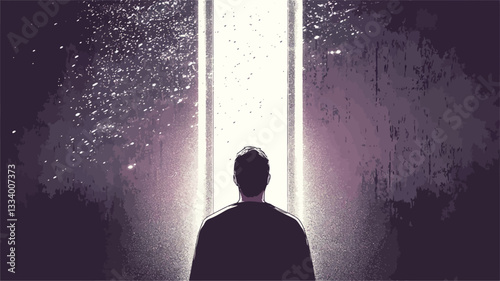 The image is a digital illustration depicting the back of a person's silhouette standing before a bright, vertical shaft of light emanating from a dark, possibly doorway-like opening.  The light