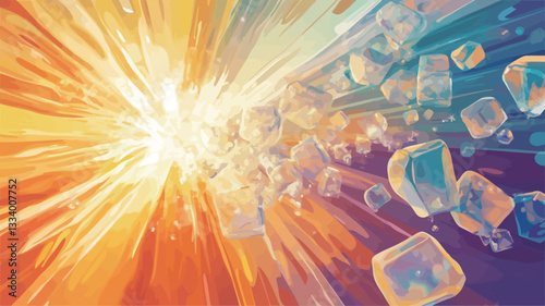 The image is a digital illustration depicting an abstract energy burst. The central focus is a bright, radiant light source emitting numerous streaks of light in warm orange and yellow tones