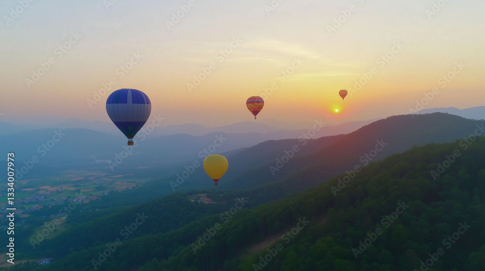 Fototapeta premium Hot air balloons flying over green mountain landscape during sunset