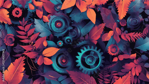 The image is a digitally created seamless pattern. It features a blend of stylized floral elements (leaves) and mechanical gears in shades of deep blue, red-orange, and dark teal.  The style is
