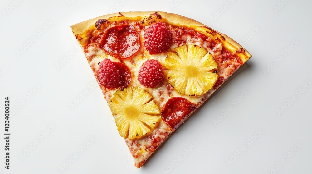 A delicious slice of pizza topped with pineapple and fresh fruit creating a controversial yet tempting culinary delight A delicious slice of pizza topped with pineapple and fresh fruit creating a controversial yet tempting culinary delight