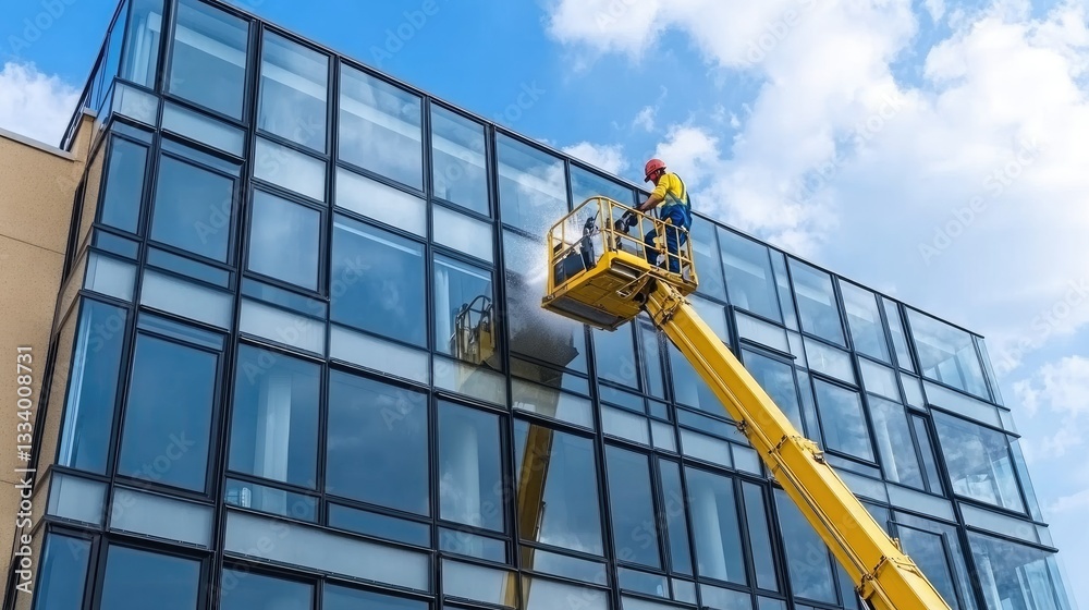 A construction worker skillfully operates a lift to meticulously clean the windows of a contemporary building, all while beneath a pristine blue sky A construction worker skillfully operates a lift to meticulously clean the windows of a contemporary building, all while beneath a pristine blue sky