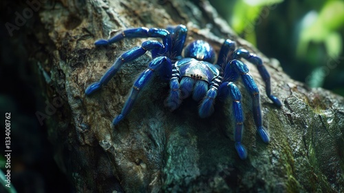 a rare Gooty Sapphire Tarantula with electric blue legs and a metallic sheen, perched on a tree bark in a dense rainforest. 