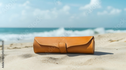 Leather roll travel case on sandy beach with ocean view, perfect for accessories and watches