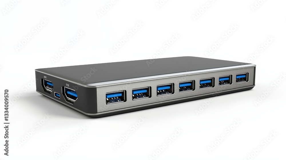 Stylish usb hub featuring multiple ports for convenient connectivity of various devices in a modern tech setup Stylish usb hub featuring multiple ports for convenient connectivity of various devices in a modern tech setup