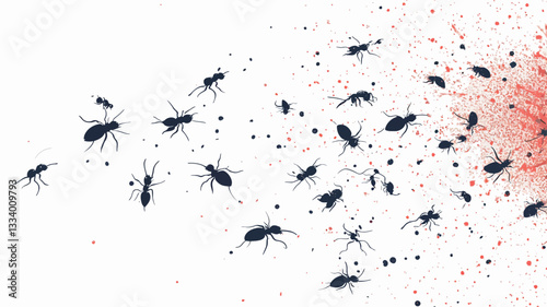 The image depicts a stylized illustration of numerous small, dark-colored ants appearing to move or scatter across a white background.  A gradient of reddish-pink dots or specks is visible,