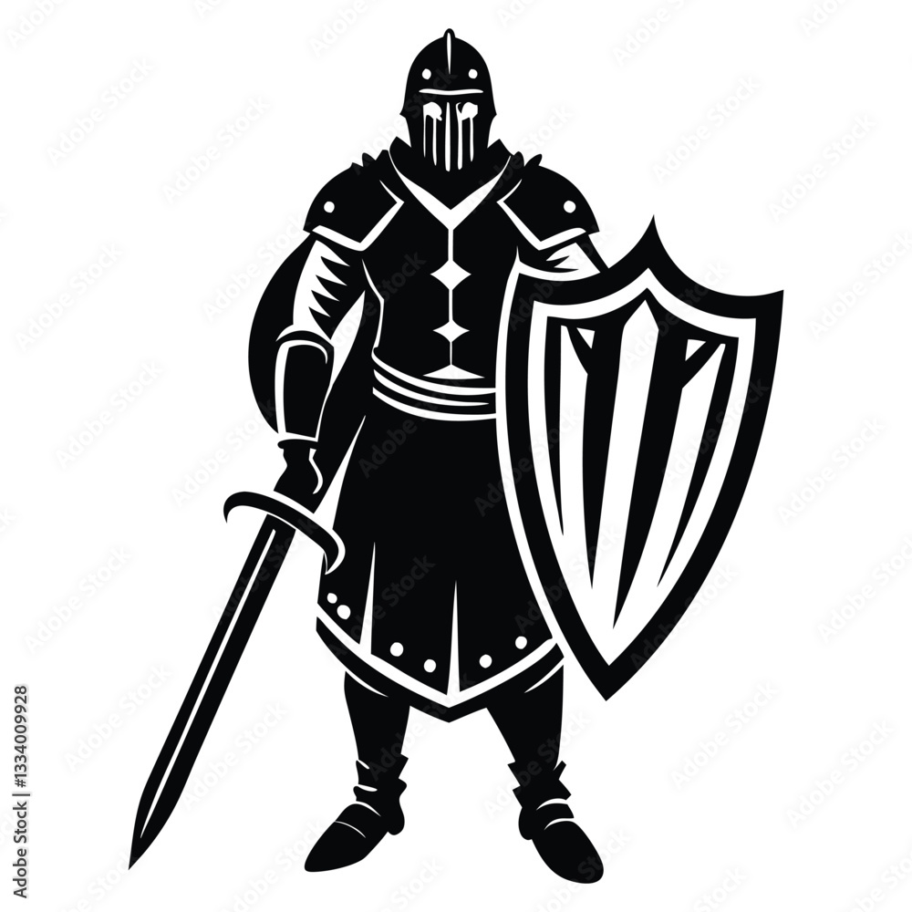 Fototapeta premium Medieval Knight Silhouette Vector with Sword and Shield, Knight in armor holding a sword and shield