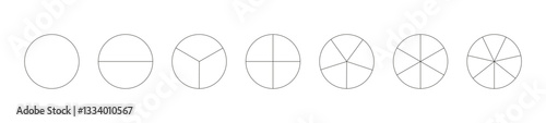Circle division on from 1 to 7 equal parts. Round divided diagrams with from one to seven segments. Segmented pinwheel black icon. Infographic set. Coaching blanks. Outline graphics. Pizza, pie charts
