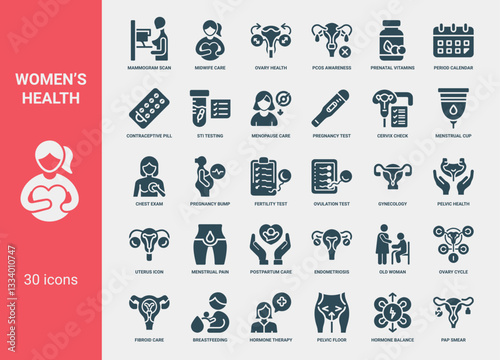 womens health reproductive care well-being icon set, Gynecology Uterus Icon Test Health Pelvic Ovulation