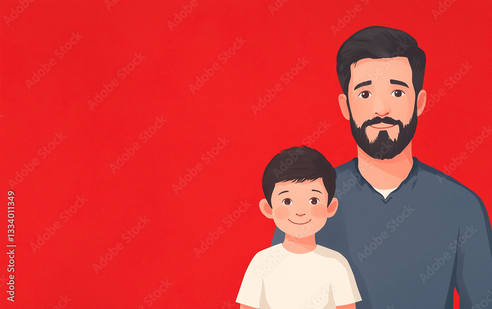 Fototapeta premium Cartoon illustration of a father and son posing together against a red background.