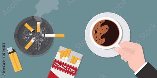 Smoker hand holding coffee cup, cigarette package, ashtray with butts and gas lighter. Coffee and smoke break. Timeout. Beverage and nicotine product. Top view. Social issues