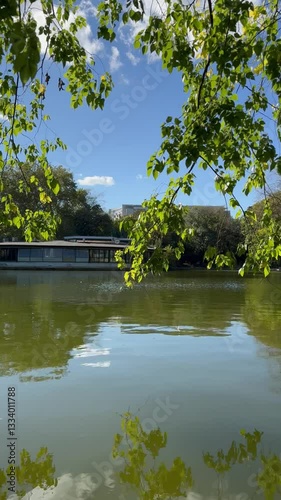 “Calm river flowing through Bucharest park with green nature and peaceful vibe.”