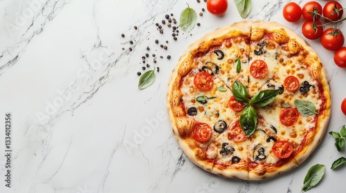 A delicious neapolitan pizza topped generously with fresh tomatoes and basil displayed on a marble countertop