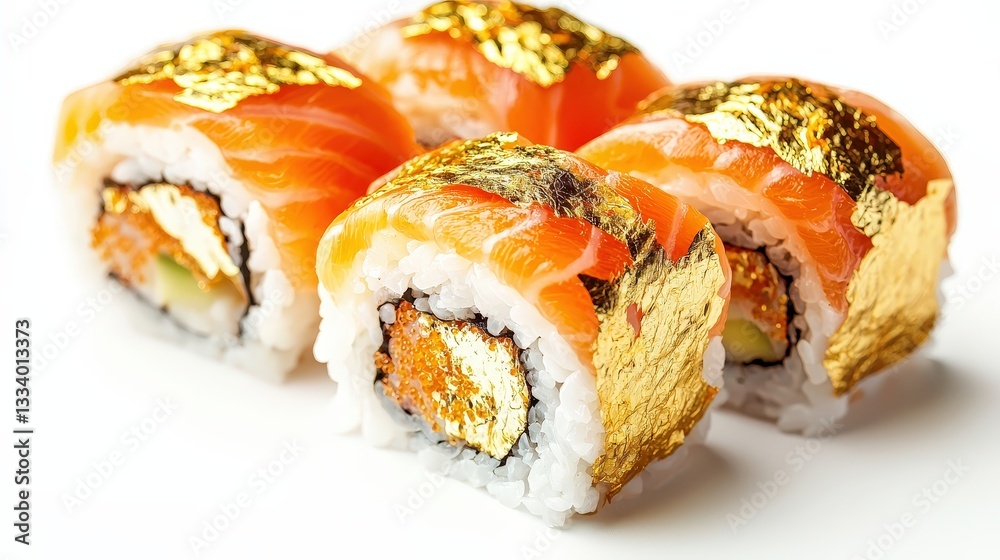 Exquisite arrangement of sushi rolls displaying artistic flair with gold leaf for a high-end culinary experience Exquisite arrangement of sushi rolls displaying artistic flair with gold leaf for a high-end culinary experience