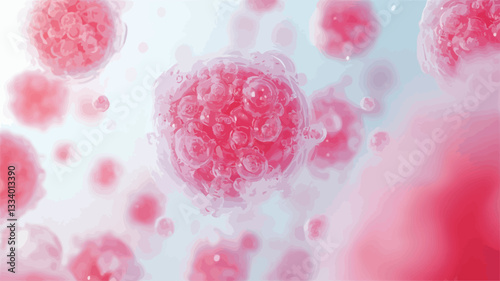 The image shows a microscopic view of numerous, clustered, pinkish-red cellular structures. The structures appear three-dimensional and slightly translucent, with varying degrees of density and
